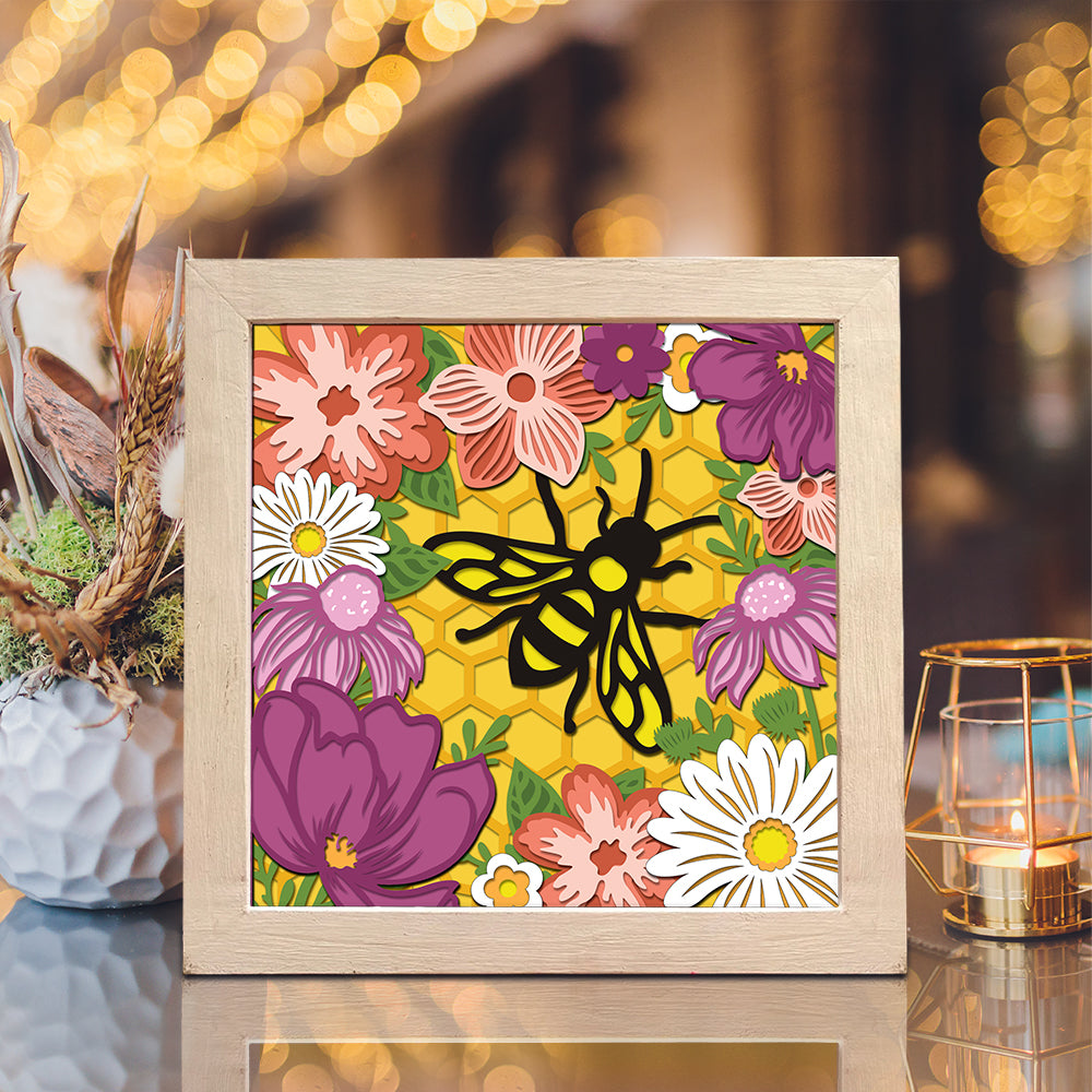 Bee And Flowers – Paper Cut Light Box File - Cricut File - 8x8 Inches - LightBoxGoodMan