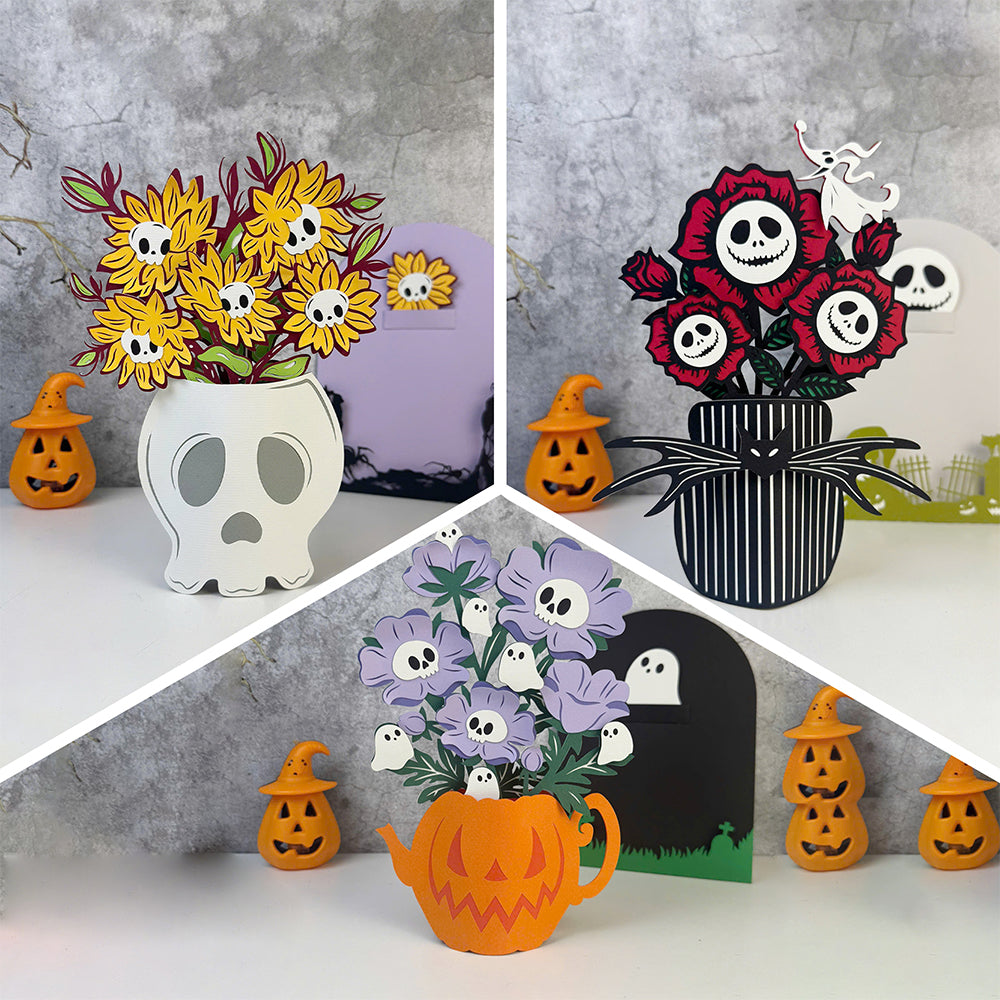 Pack 3 Halloween Flowers Vase - 3D Halloween Flowers Vase Pop-up Card File - Cricut File - LightBoxGoodMan
