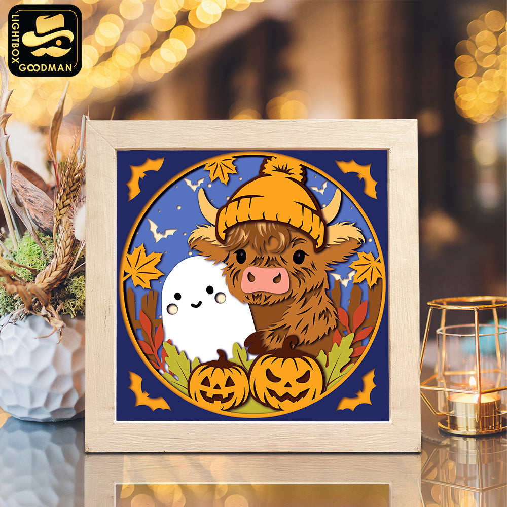 Halloween Highland Cow – Paper Cut Light Box File - Cricut File 2 - 8x8 inches - LightBoxGoodMan