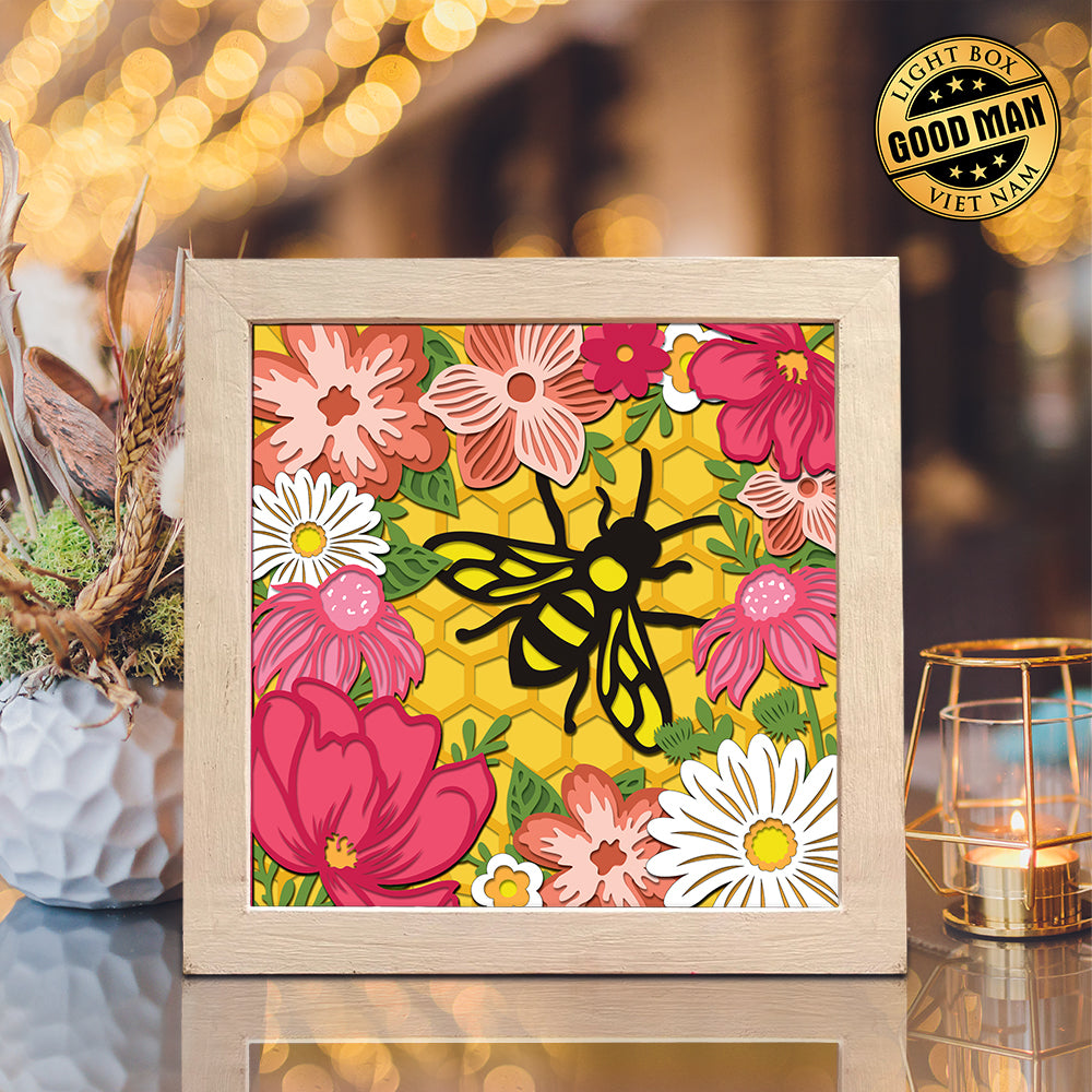 Bee And Flowers – Paper Cut Light Box File - Cricut File - 8x8 Inches - LightBoxGoodMan