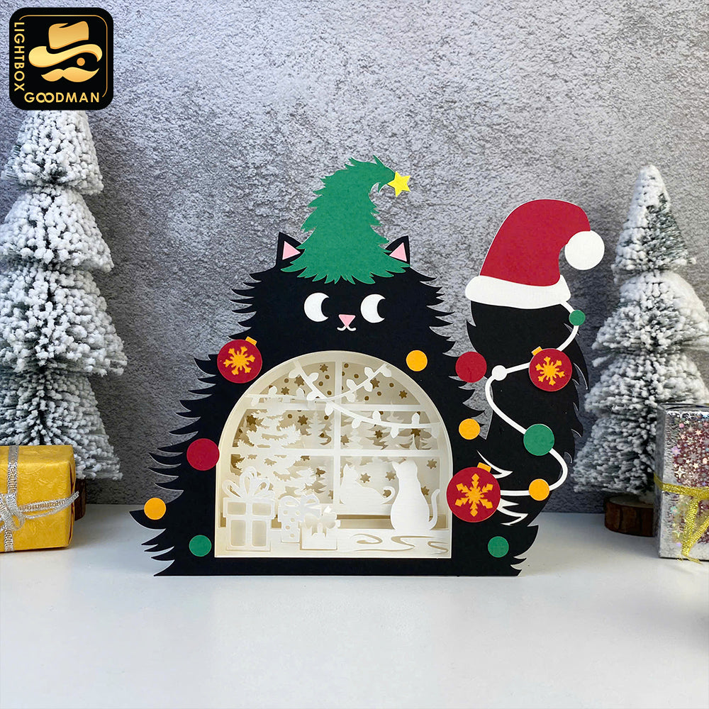 Christmas Cat 2 - Christmas Cat Papercut Lightbox File - Cricut File 2 - LightBoxGoodMan