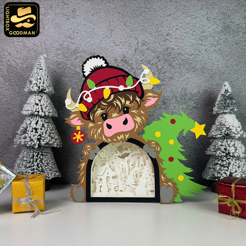 Christmas Highland Cow - Christmas Papercut Lightbox File - Cricut File 2 - LightBoxGoodMan