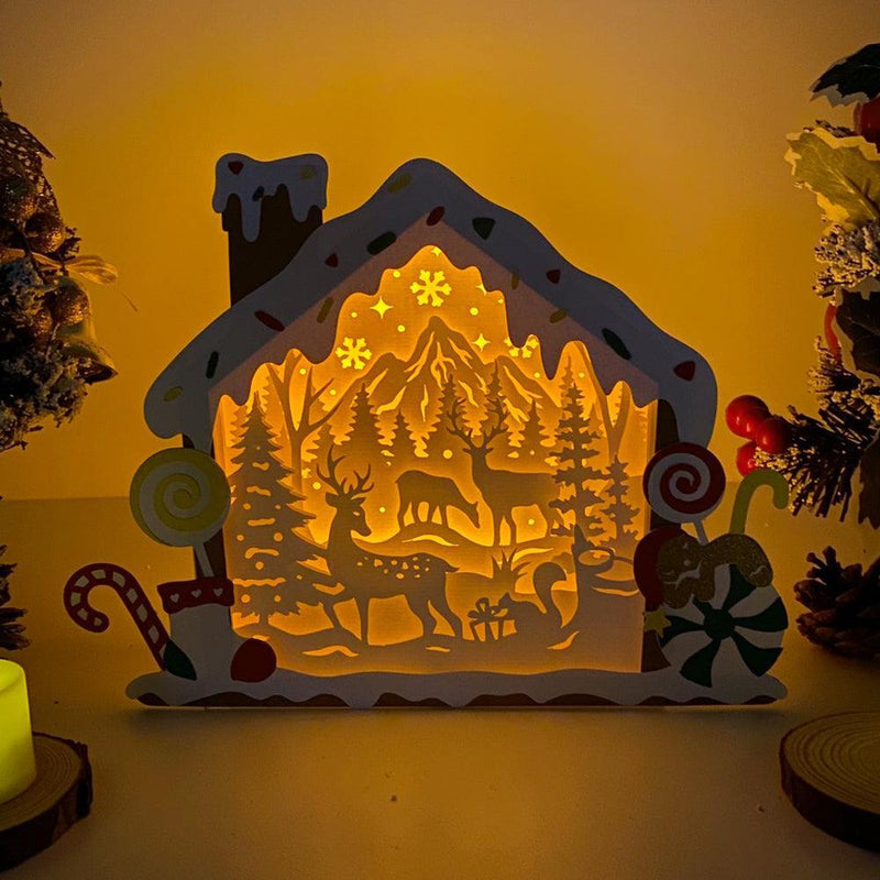 Christmas Deer - Paper Cut Gingerbread House Light Box File - Cricut File - 7x9 Inches - LightBoxGoodMan - LightboxGoodman
