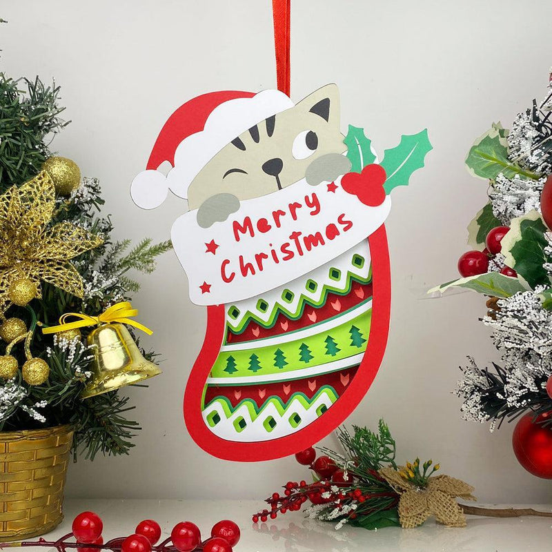 Sock - Paper Cut Pet Light Box File - Xmas Cat Motif - Cricut File - 8x6 Inches - LightBoxGoodMan - LightboxGoodman