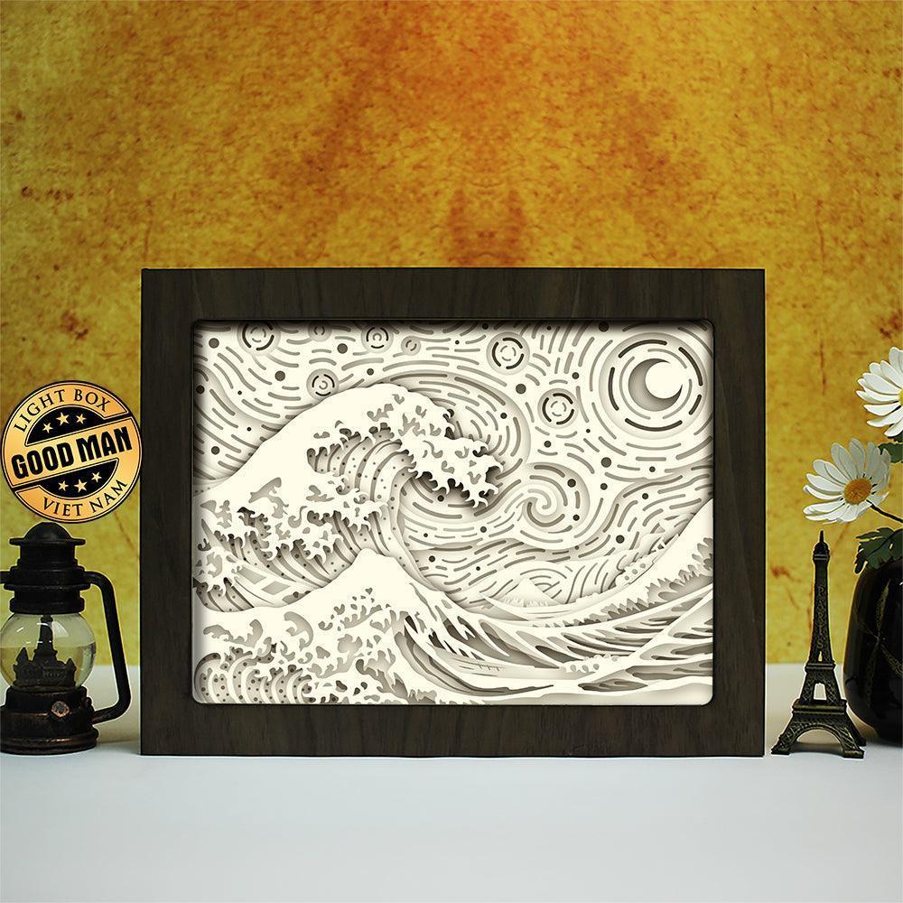The Great Wave mix Starry Night – Paper Cut Light Box File - Cricut File - 8x10 Inches - LightBoxGoodMan - LightboxGoodman