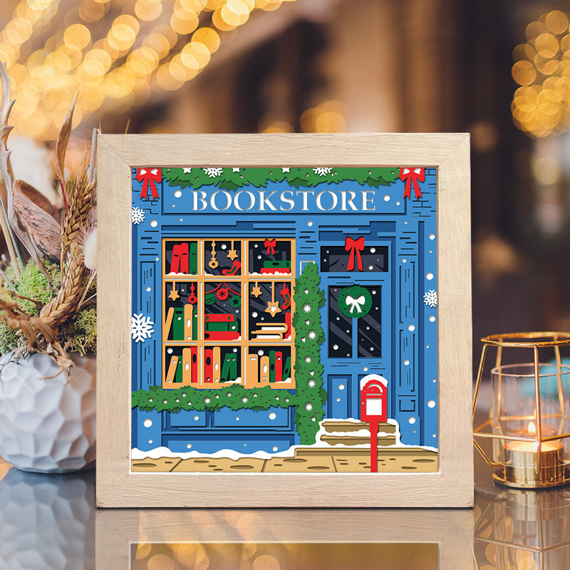 Christmas Bookstore – Paper Cut Light Box File - Cricut File - 8x8" - LightBoxGoodMan