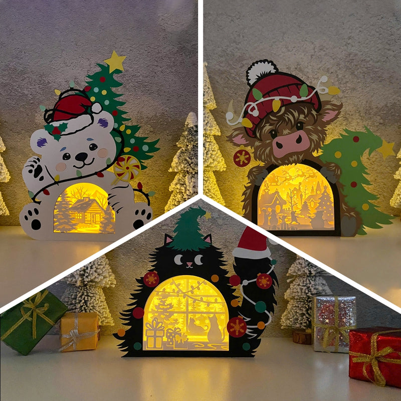 Pack 3 Christmas Animal Box - Christmas Papercut Lightbox File - Cricut File - LightBoxGoodMan