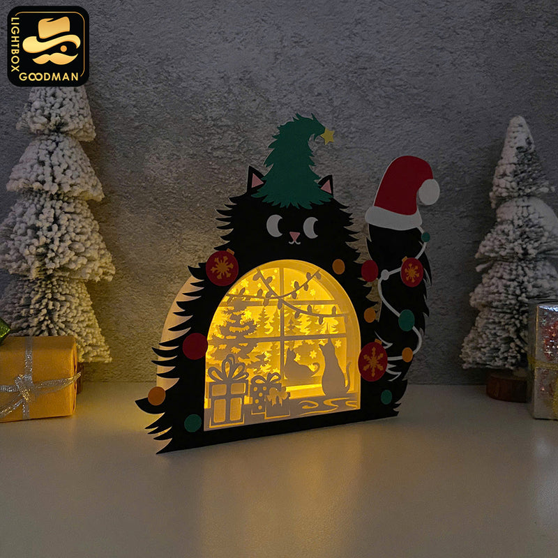 Christmas Cat 2 - Christmas Cat Papercut Lightbox File - Cricut File 2 - LightBoxGoodMan