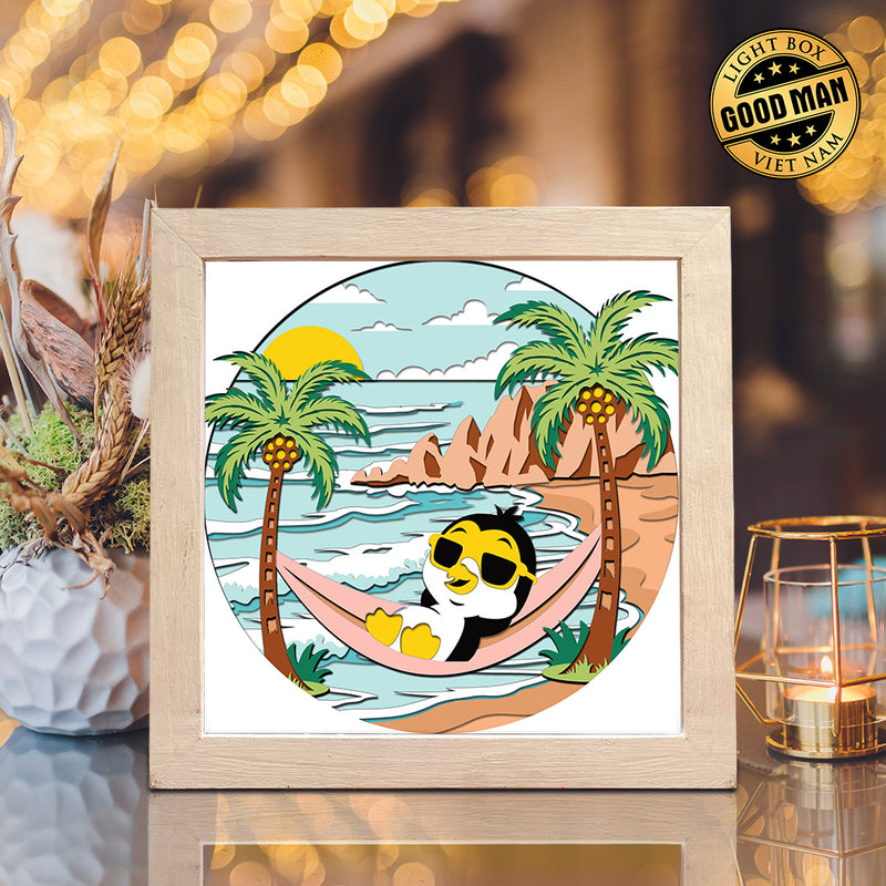 Penguin on the Beach – Paper Cut Light Box File - Cricut File - 8x8 inches - LightBoxGoodMan