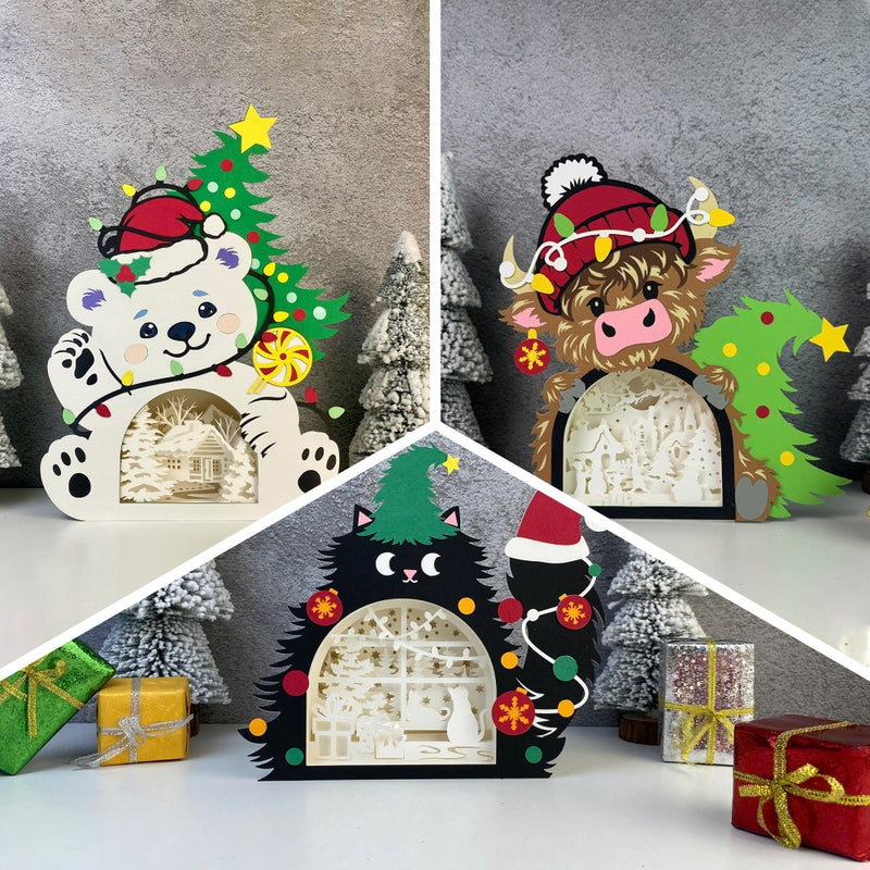 Pack 3 Christmas Animal Box - Christmas Papercut Lightbox File - Cricut File - LightBoxGoodMan