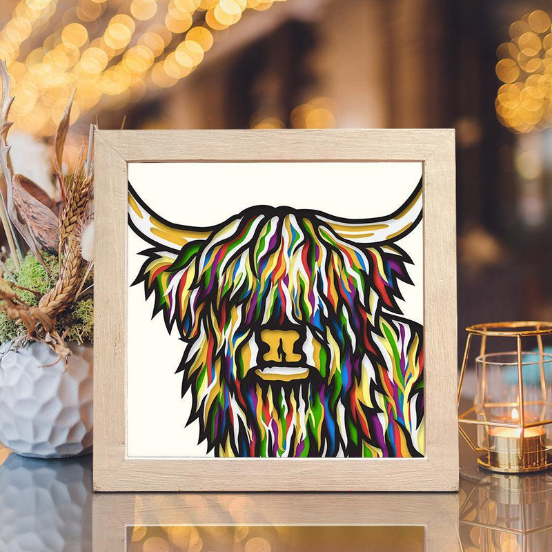 Colorful Highland Cow – Paper Cut Light Box File - Cricut File - 8x8 inches - LightBoxGoodMan - LightboxGoodman