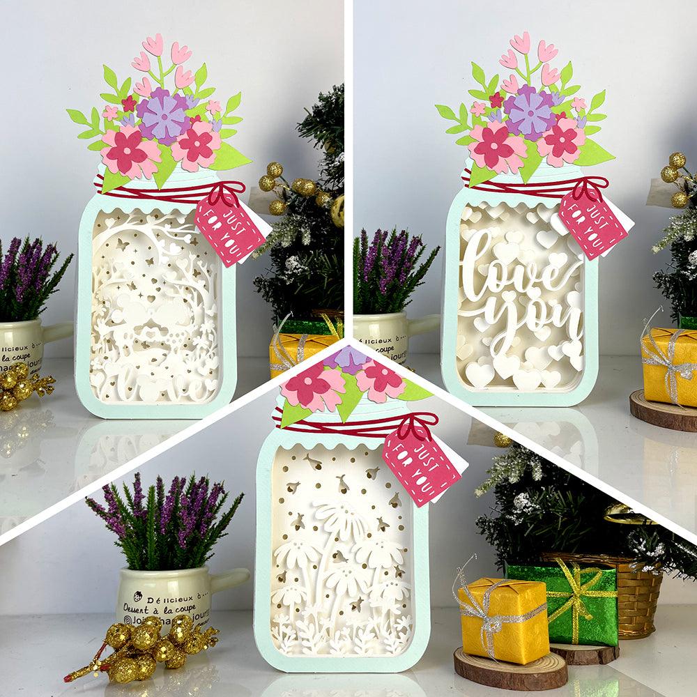 Pack 3 Valentine - Paper Cut Floral Mason Jar Light Box File - Cricut File - 11,1x5,5 Inches - LightBoxGoodMan - LightboxGoodman