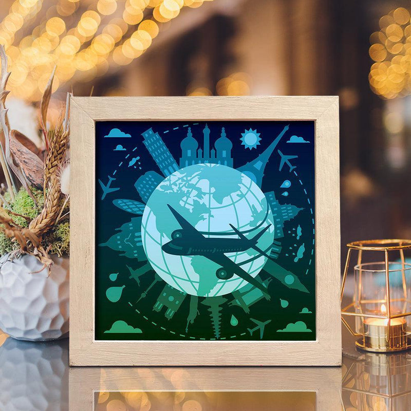 Plane Flying Around Globe – Paper Cut Light Box File - Cricut File - 20x20cm - LightBoxGoodMan - LightboxGoodman