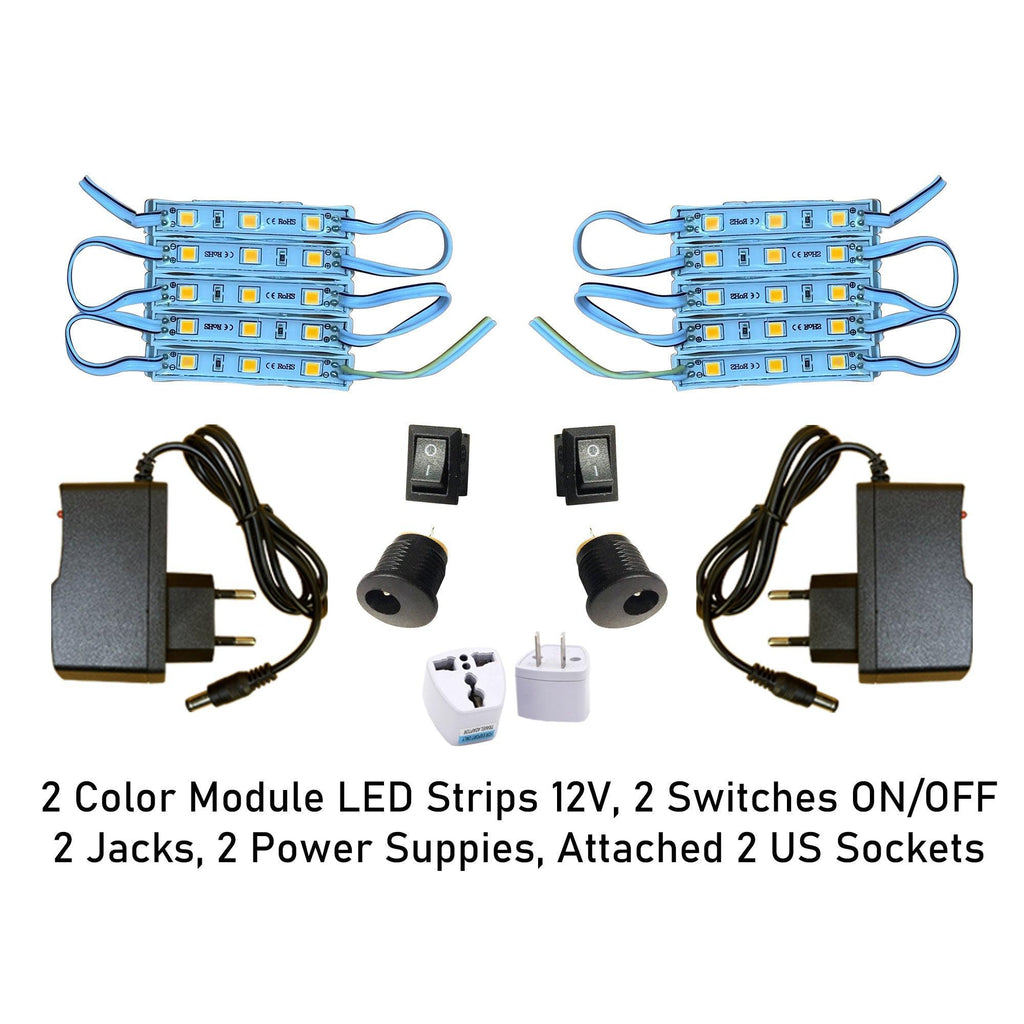 Set 2 Color Module Led Strips (can choose color), 2 Jacks DC 12V , 2 On/Off Switchs, 2 Power Supplies 12V - LightboxGoodman