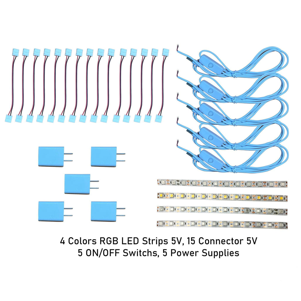 Set 4 Colors Led Strips 5V, 15 Connector 5V, 5 On/Off Switchs, 5 Power Supplies - LightboxGoodman