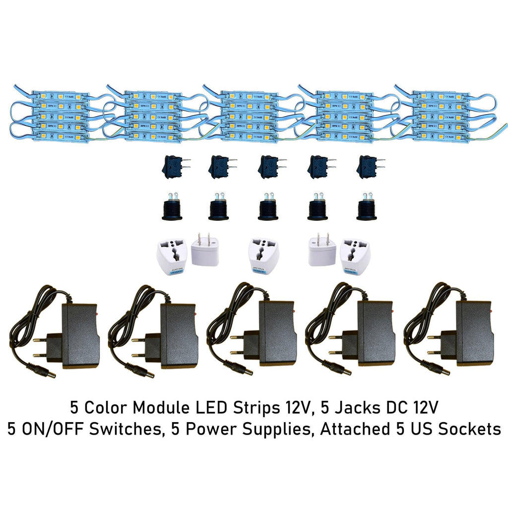 Set 5 Colors Module Led Strips 12V, 5 Jacks DC 12V, 5 On/Off Switchs, 5 Power Supplies - LightboxGoodman