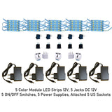 Set 5 Colors Module Led Strips 12V, 5 Jacks DC 12V, 5 On/Off Switchs, 5 Power Supplies